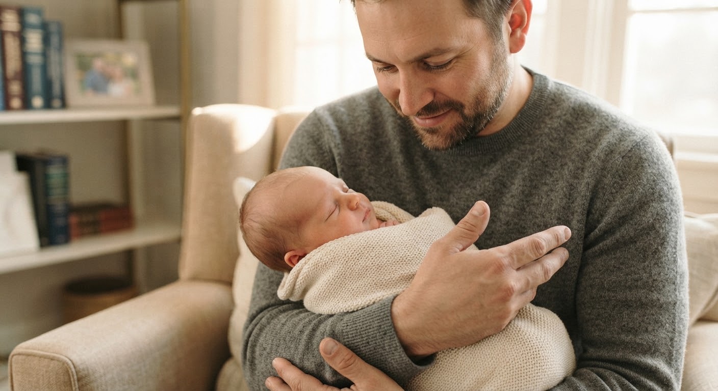 A father gently cradling a newborn child in soft light