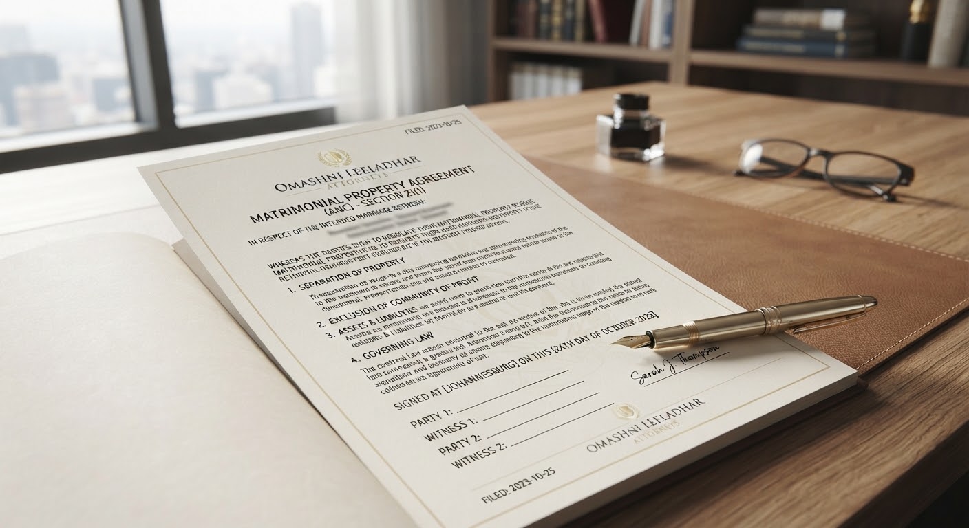 An open matrimonial property contract with a gold fountain pen