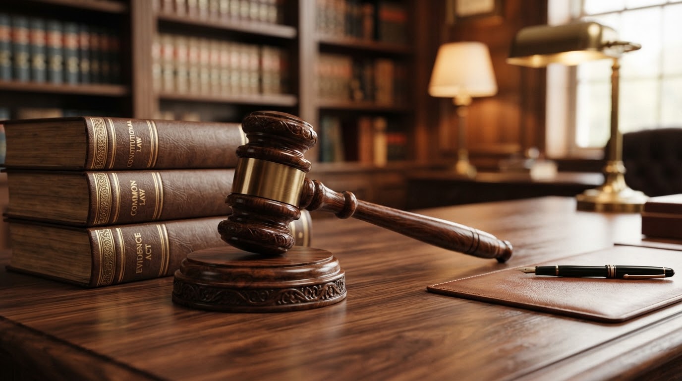 A wooden gavel resting beside law volumes on a walnut desk