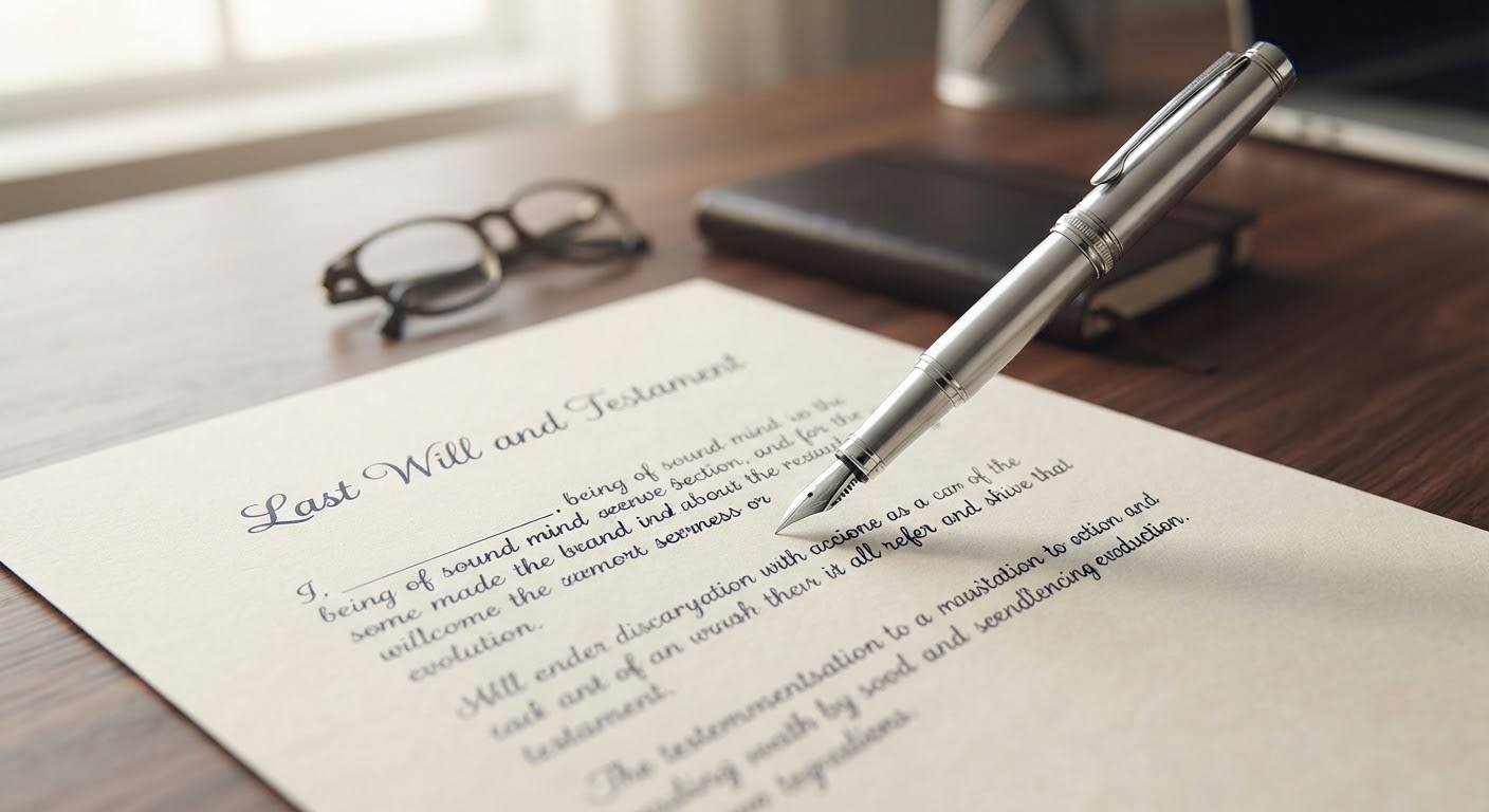 A fountain pen poised above handwritten parchment